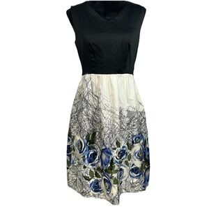 Frock Shop Dress SMALL Black Blue Rose‎  Print Fit & Flare Scribble Lines Cutout